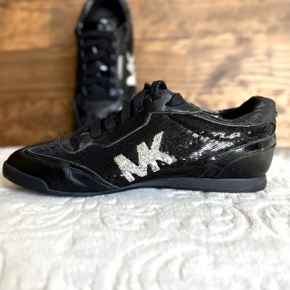 Michael Kors Lace Up Sneakers Sz 6.5M Women Black Sequin Leather Trim Fashion EC - Picture 6 of 13